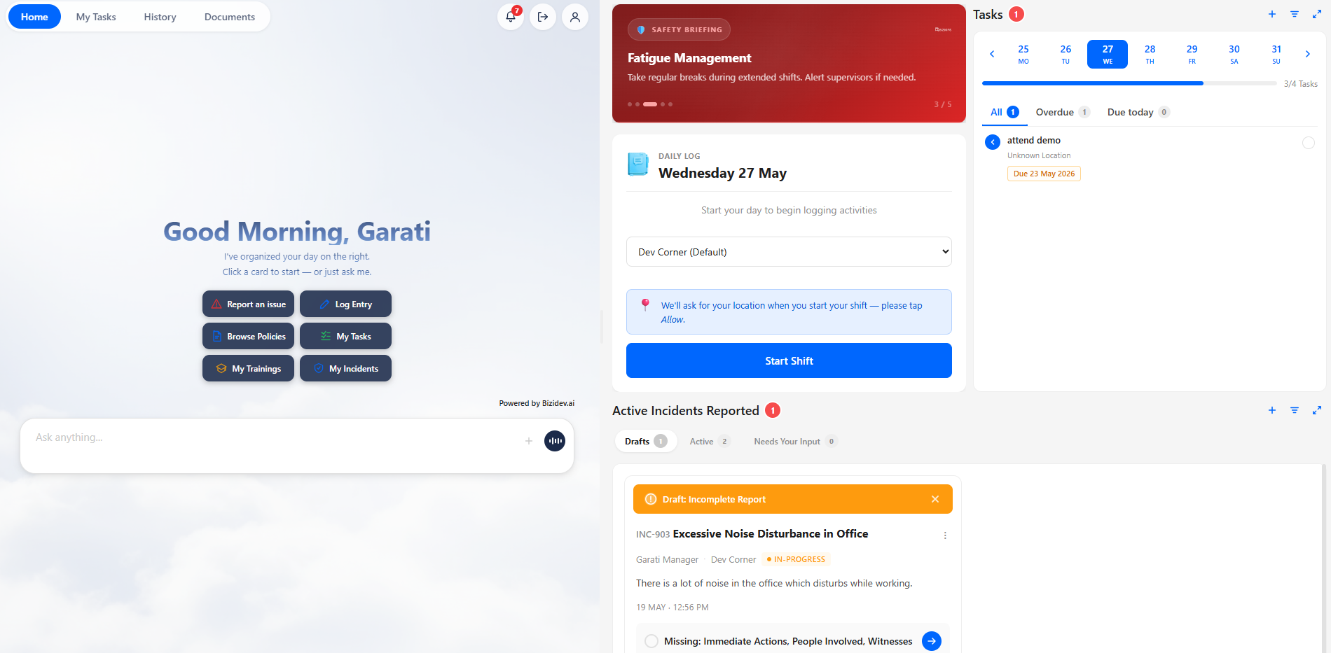 BiziOps dashboard - Staff portal, daily log, tasks and active incidents in one connected view